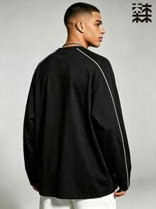 mulinsen Men's Black Loose Fit Long Sleeve T-Shirt With Line Patchwork Crew Neck - Black - View 5