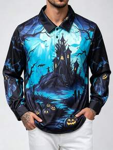 1pc Men's Textured Print Single-Breasted Pullover Long Sleeve Shirt, Handsome Versatile Polo Shirt, Casual Commute Top, Elegant Holiday Party Evening Wear, Perfect Gift For Father, Boyfriend, Dad, Friend, Halloween - Blue - View 9