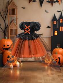 Young Girls Puff Sleeve Black Sequin Contrast Mesh Halloween Party Princess Dress With Train, Suitable For Prom, Does Not Include Headband And Bag - Orange - View 4