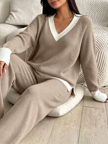 Women 2 Pieces Matching Set Solid Ribbed V‑Neck Long Sleeve Knit Sweater & Pants ElegantCasual CommuterOutfitFallWinterOffice DatingLoungewearforLadies - Khaki - View 1