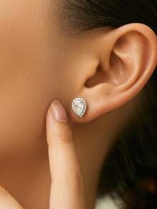 925 Sterling Silver Cubic Zirconia Pear-Shaped Stud Earrings, 1 Pair, Luxury Daily Commute Accessory - Silver - View 2