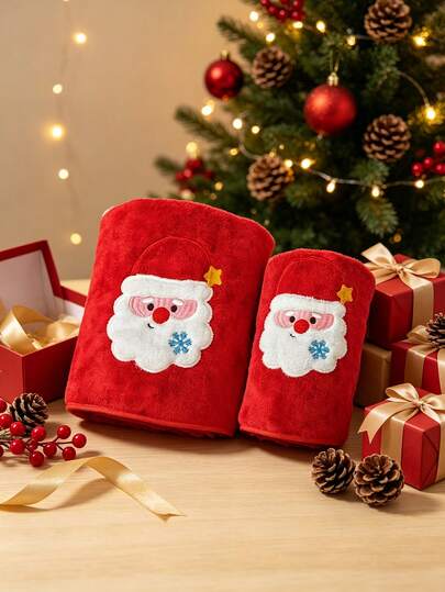 2/1pc Set 13.8*29.5in/27.6*55in Christmas Tree Embroidered Hanging Towel, Coral Fleece Ultra Soft Thickened High Absorbent Quick Dry Towel, Home Bathroom Supplies, Suitable For Spa, Swimming Pool, Hotel And Christmas Gift