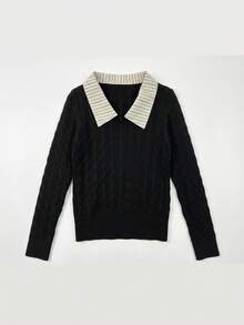 Sweet Style Patchwork Striped Polo Collar Cable Knit Sweater, Slim Fit Flattering Inner Layer Base Top For Women, Autumn/Winter - Black - View 6