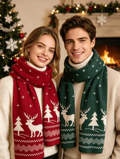 2/1 Adet Noel Geyiği Örme Atkı Unisex, Yumuşak Sıcak Kalın Kışlık Atkı, Noel Ağacı ve Kar Geyiği Desenli, Moda Çift Eşleşen Atkı, Noel Yeni Yıl Tatil Hediyesi, Dış Mekan Parti Günlük Rahat Boyun Isıtıcı, Kırmızı ve Yeşil Çift Renk Seçeneğiyle, Klasik Sonbahar/Kış Tatil Aksesuarı