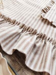 1pc Farmhouse Style Oven Skirt Curtain, Elegant Striped Pattern With Storage Pocket Design, Bottom Ruffle Trim, Tie-Top Linen Coffee Curtain Valance, Suitable For Kitchen Bathroom Window Privacy Cover And Closet - Light Brown - View 8