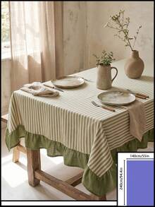 1pc Beige With Green Fine Stripes And Olive Green Ruffle Edge Tablecloth, Fresh Natural Style Fabric, Rectangular Olive Green Ruffle Edge Patchwork Detail Decorative Functional Dining Tablecloth Suitable For Daily Home Dining And Fresh Home Decor Scenes - Green - View 15