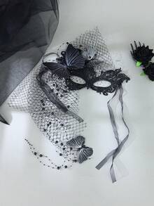 2pcs Gothic Black Lace Butterfly Masquerade Mask Set With Tulle Veil, Halloween Costume Party Hair Accessory Photo Prop - Black - View 11