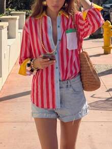 New Striped Contrast Color Front Button Pocket Button-Up Women's Shirt Vacation All-Season Top - Red - View 5