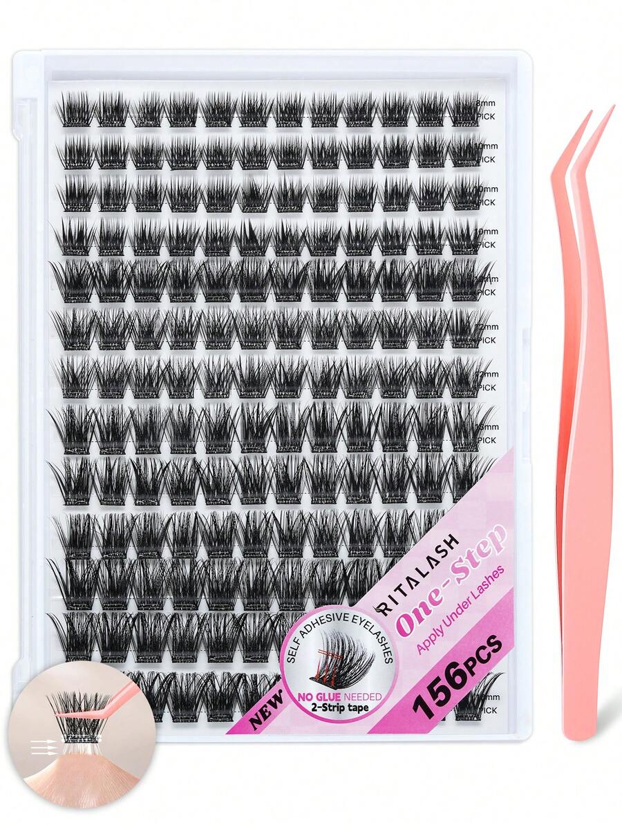 RITALASH 156 Pcs Self Adhesive Eyelash Clusters, No Glue Needed, Invisible 2-Strip Tape - Longer Lasting, No Sticky Residue Pre Glued Eyelashes With Anti-Stick Tweezers Easy Control For Beginners - D - View 1