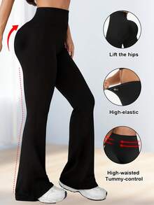 1pc Women's Solid Color Flare Pants, High Elasticity Comfortable Fabric, Anti-Wrinkle, Elastic Slim Fit Sports Style - Black - View 3