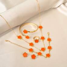 6pcs Fashion Elegant Lucky Five-Leaf Clover Earrings Necklace Bracelet Bangle Ring Women Jewelry Set Holiday Gift (Zinc Alloy Material Inlaid With ABS Material Five-Petal Flower) - Orange - View 7