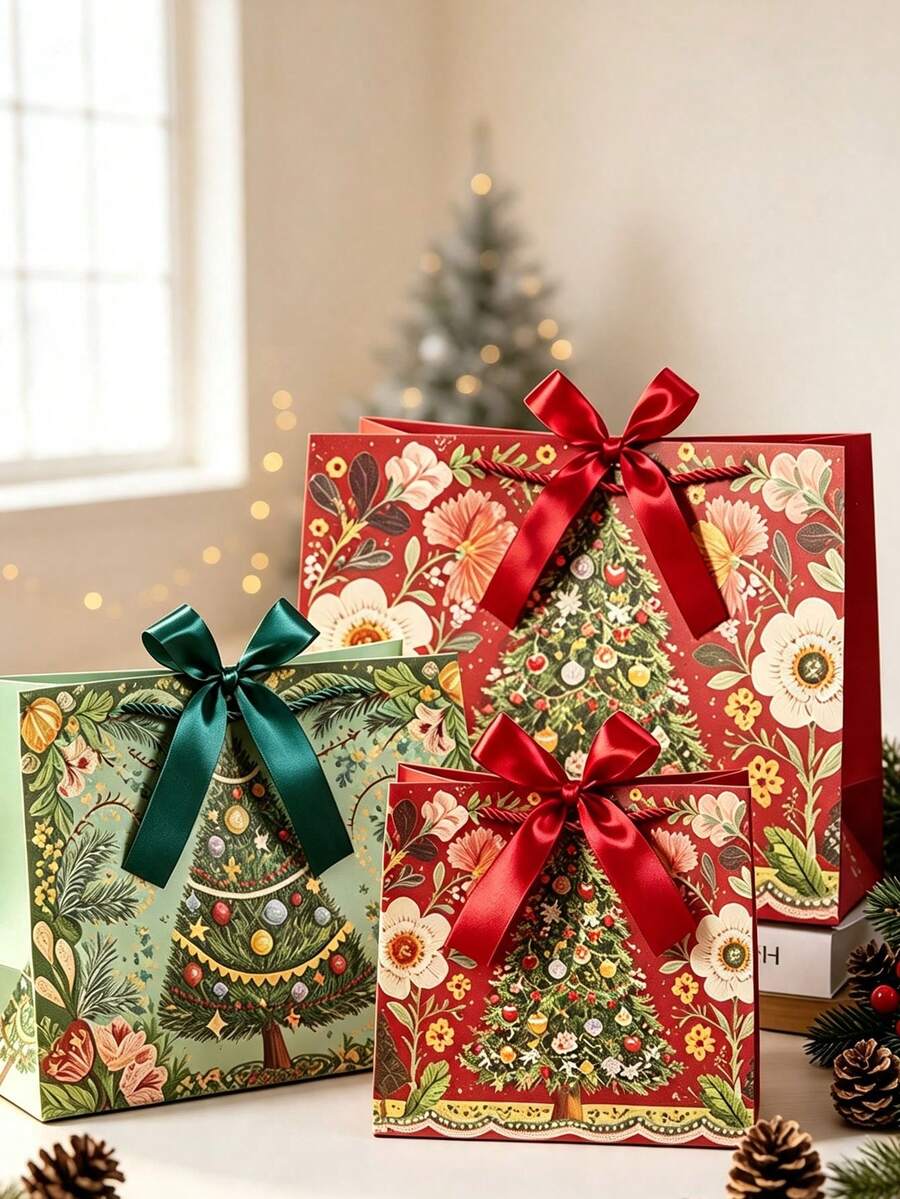Heavy-Duty Thick Paper Christmas Gift Bags With Handles & Ribbon, Christmas Tree Print Holiday Party Bags For Gift Wrapping, Holiday Shopping, Christmas Celebrations And New Year Events - Multicolor - View 1
