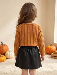 Young Girls Halloween Funny 2pcs Set, Ribbed Knit Orange Ghost Face Embroidered Long Sleeve Sweater With Bow PU Leather Mini Skirt, Fashionable Autumn/Winter - Orange - View 7