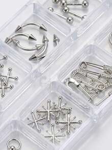 12pcs Punk Y2K Nail Piercing Decor Set 3D Metal Silver Mixed Style C-Ring Star Safety Pin Spike Barbell Rivet DIY Gothic Cool Nail Art Decoration For Women - Multicolor - View 6