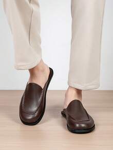 Plus Size Men's Leather Closed-Toe Mule Loafers, Backless Slip-On Slippers, Reinforced Stitching, Skin-Friendly Lining - Brown - View 3