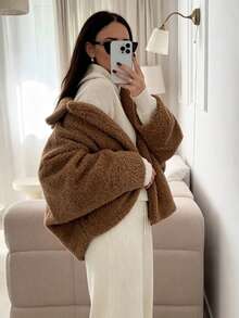 Women's Brown Teddy Fleece Lapel Coat, Long Batwing Sleeves, Regular Length, Warm Autumn/Winter Style - Brown - View 5