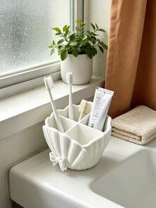 1pc 4-Compartment Toothbrush Holder/Storage Rack, Toothpaste, Makeup Brush Storage Box, Bowknot Lace Shell Design 4-Compartment Toothbrush Holder, Desktop Small Item Sorting Storage Basket, Black/White Storage Rack, Bedroom/Living Room/Desktop Decorative Storage Box, Suitable For Living Room, Desktop, Study Bedroom, Back To School Season, Holiday Decoration, Housewarming Gift Essential, Christmas, New Year Gift Best Choice - Multicolor - View 6