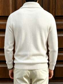 Men's Old Money Style Button Half-Placket Stand Collar Pullover Sweater/Business Casual - White - View 4