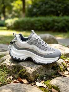 2026 Autumn/Winter New Chunky Sneakers, Thick Sole, Fashionable, Beautiful, Commuting, Outdoor, Travel, Campus, Versatile Lace-Up Gym - Grey - View 2