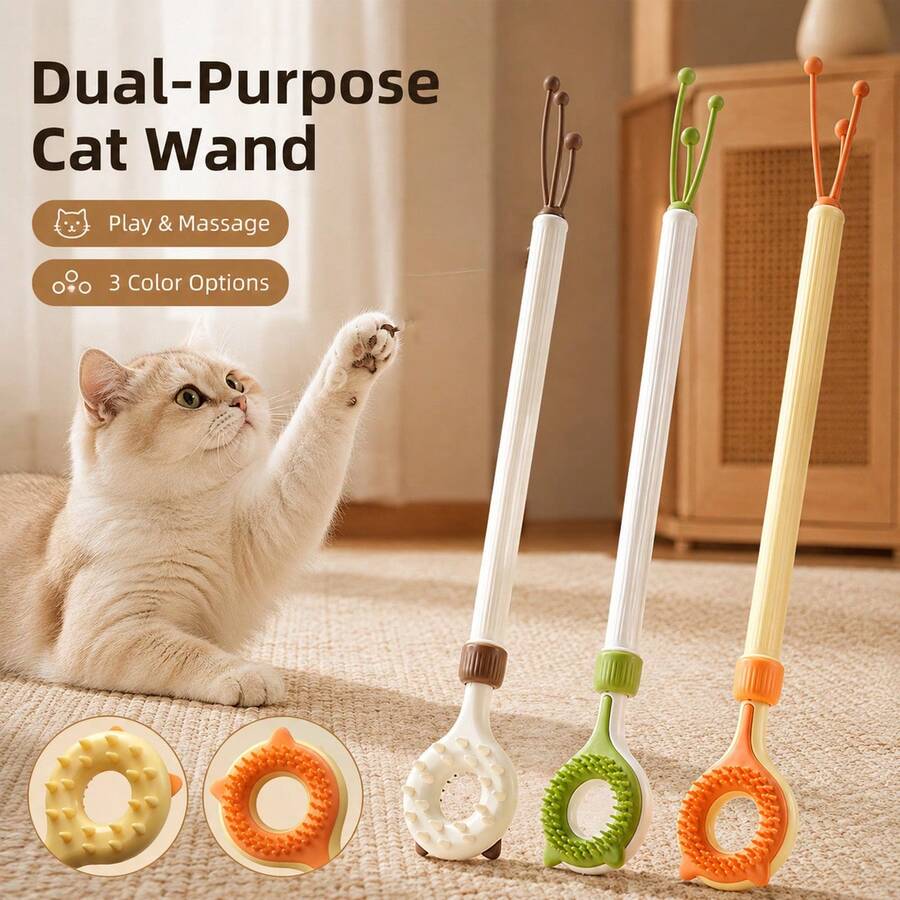 3-In-1 Retractable Cat Grooming Tool, Double-Sided Massage & Itch Relief Wand And Interactive Cat Teaser, Gentle Pet Deshedding Brush For Indoor Cats, Battery-Free