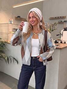 Women's Vintage Argyle Cardigan, Long Sleeve Round Neck Knit Top, Button Detail, Regular Fit, Winter Fashion Top, Vacation, Fall - Grey - View 3