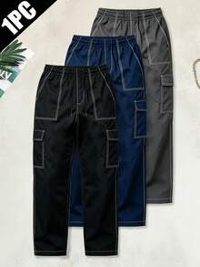 Men's Colorblock Stitching Cargo Pants, Elastic Drawstring Waist, Multi-Pocket Straight Leg Black Casual Long Pants Sports - Black - View 5