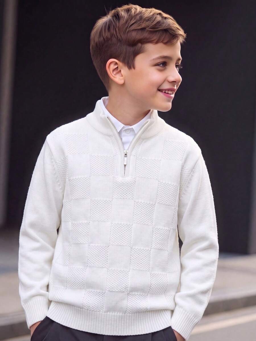 Boys White Semi-High Neck Half-Zip Long Sleeve Knit Sweater With 3D Checkerboard Texture Design, Casual Versatile POLO Collar Pullover, Suitable For School Daily Wear In Spring, Autumn And Winter - White - View 1