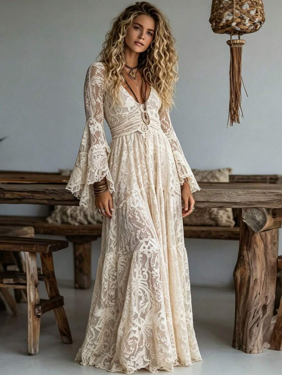 Women Long Dresses - Apricot - View 1