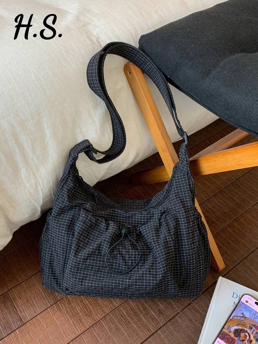 格子女士单肩包，休闲百搭可折叠拉链封口可调节肩带手提包，适合日常使用，学生/大学生适用，简约可爱褶皱多口袋抽绳前袋布包，卡哇伊