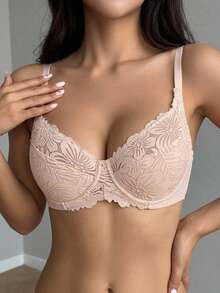 DAZY Women's Lace Patchwork Jacquard Wave Pattern Underwire Supportive Push-Up Bra - Apricot - View 6