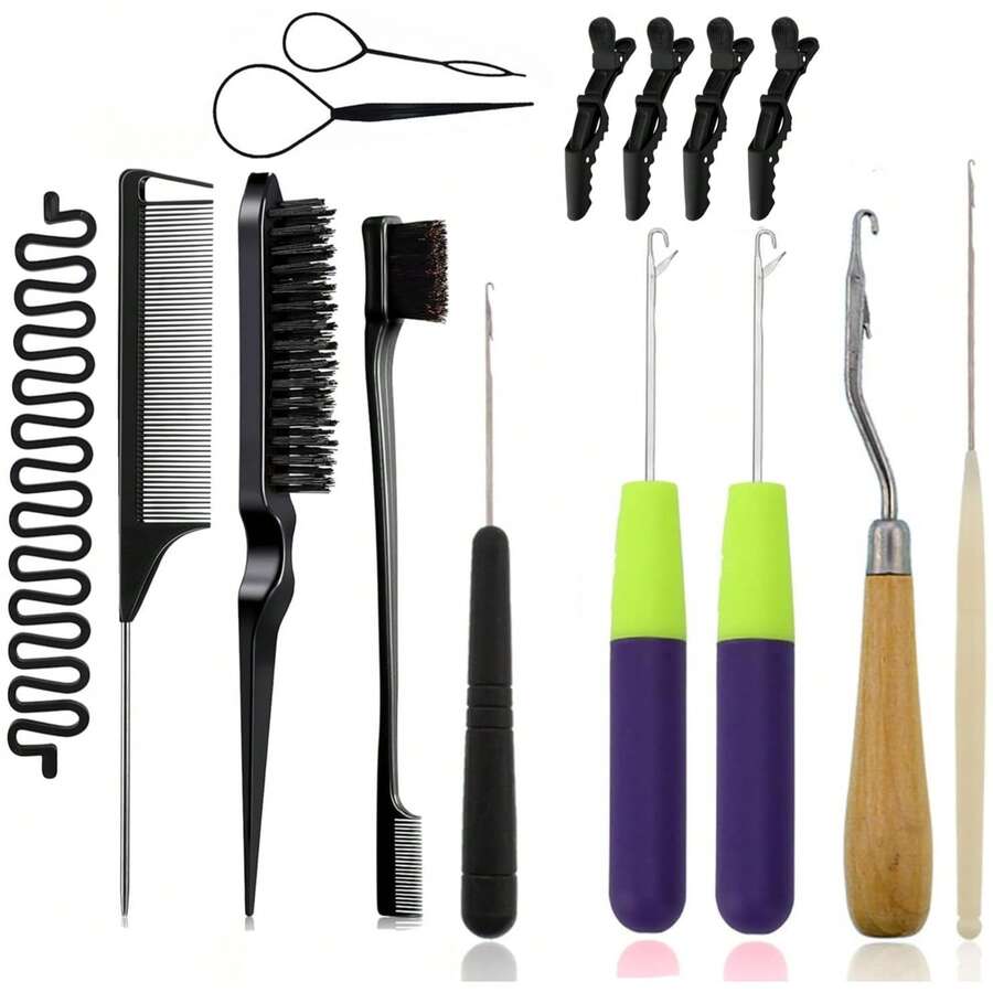 Nalexmi Crochet Hooks For Hair, 15 PCS Latch Hook Crochet Needle Set For Braiding, Locs, Dreadlocks And Passion Twist Extensions, With Tail Comb And Duckbill Hair Clips, Purple Styling Kit - Multicolor - View 1