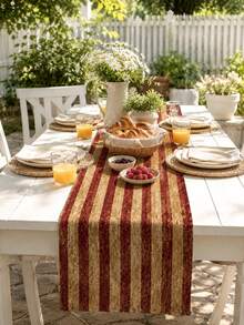1PC Vintage Red Stripe Linen Table Runner, Beige Burgundy Rustic Farmhouse Table Runner, Classic Woven Look Dining Table Centerpiece Decor For Kitchen, Dining Room, Thanksgiving, Christmas, Holiday Party And Everyday Home Decoration - Distressed Stripes - View 6