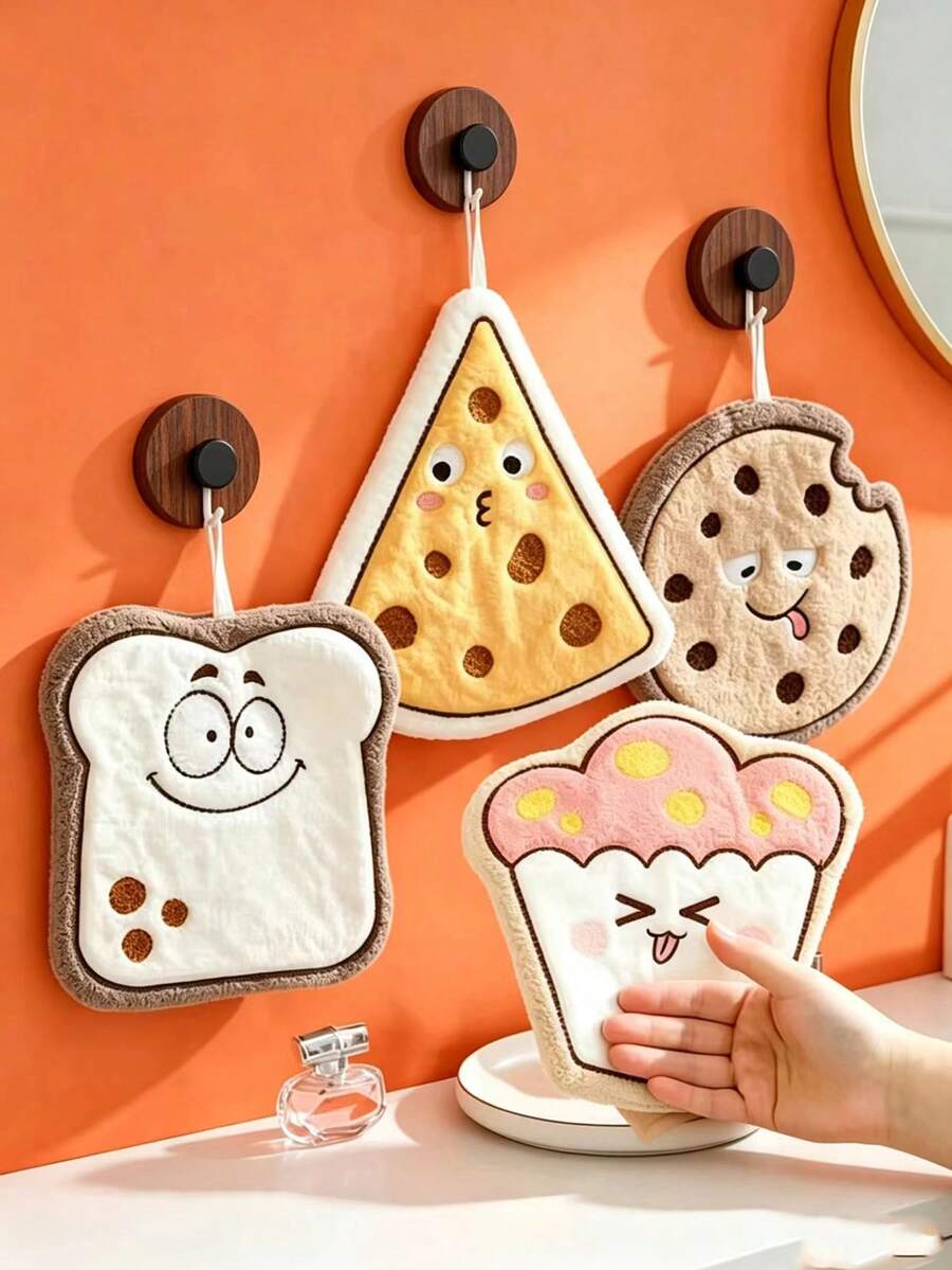 2pcs/4pcs Cartoon Food Shaped Hand Towels, Cute Toast, Cookie, Cupcake And Pizza Hand Towels, Absorbent And Hangable, Suitable For Home Kitchen