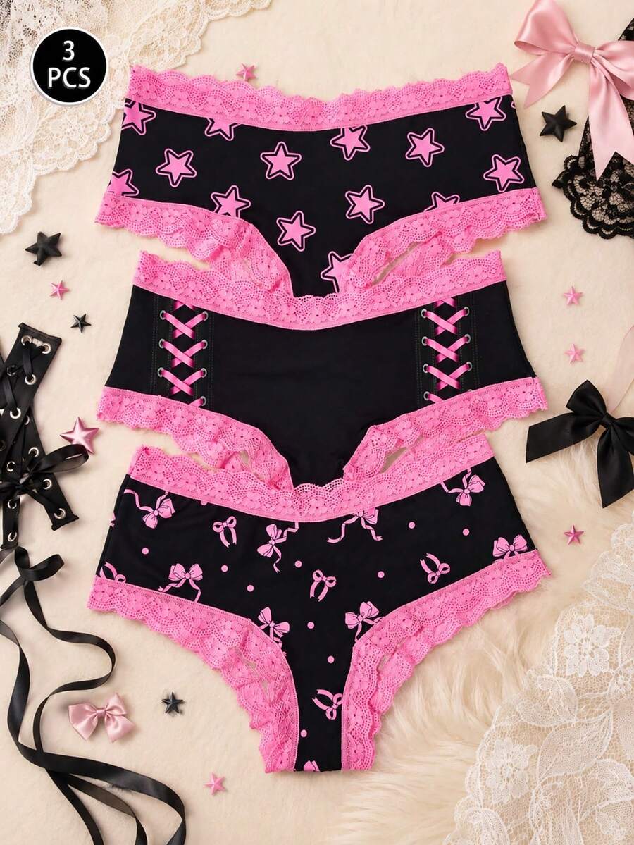 3pcs Bow & Star Cute-Sweet Lace Patchwork Women Panties Set - Pink - View 1