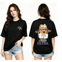 Women's Oversized T-Shirt In Vintage Washed Grey, With Beer Can Dog Graphic On The Back, Retro Streetwear Casual Top With - 黑色 - 查看 1