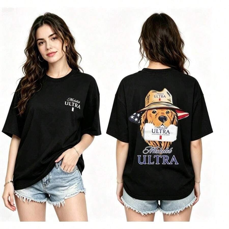 Women's Oversized T-Shirt In Vintage Washed Grey, With Beer Can Dog Graphic On The Back, Retro Streetwear Casual Top With - 黑色 - 查看 1