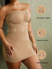 1pc Plus Size Women's Shapewear Abdominal Compression Costume, Flat Tummy Waist Trainer, Butt Lifting Seamless Bodycon Dress - Apricot - View 5