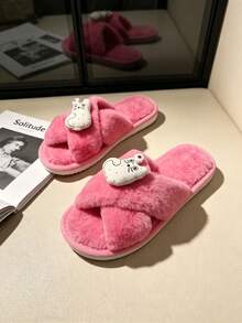 女款搖粒絨室內家居拖鞋，可愛卡通貓交叉帶露趾款，毛絨柔軟舒適，四季適用 - B款-玫紅 - 查看 8