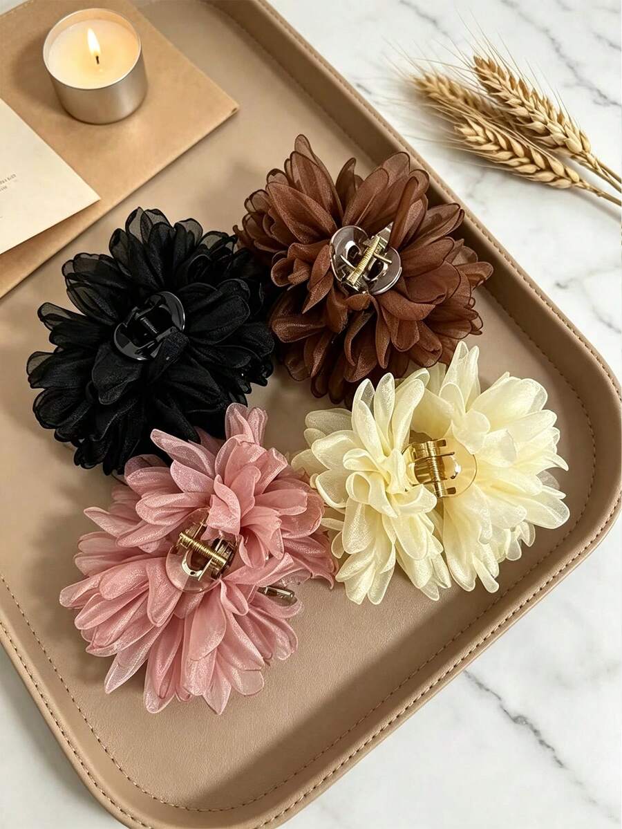 1pc Chiffon Flower Hair Clip, Elegant Large Flower Non-Slip Hair Claw, Women's Daily Party Hair Accessory