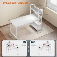 Schreibtisch mit 4-Tier Seitlichem Regal, 120 cm Breiter Computertisch mit Ablage, Stabil Bürotisch mit Metallgestell, Einfache Montage für Home Office - Weiß/140 x 56 x 120 cm - Übersicht 3