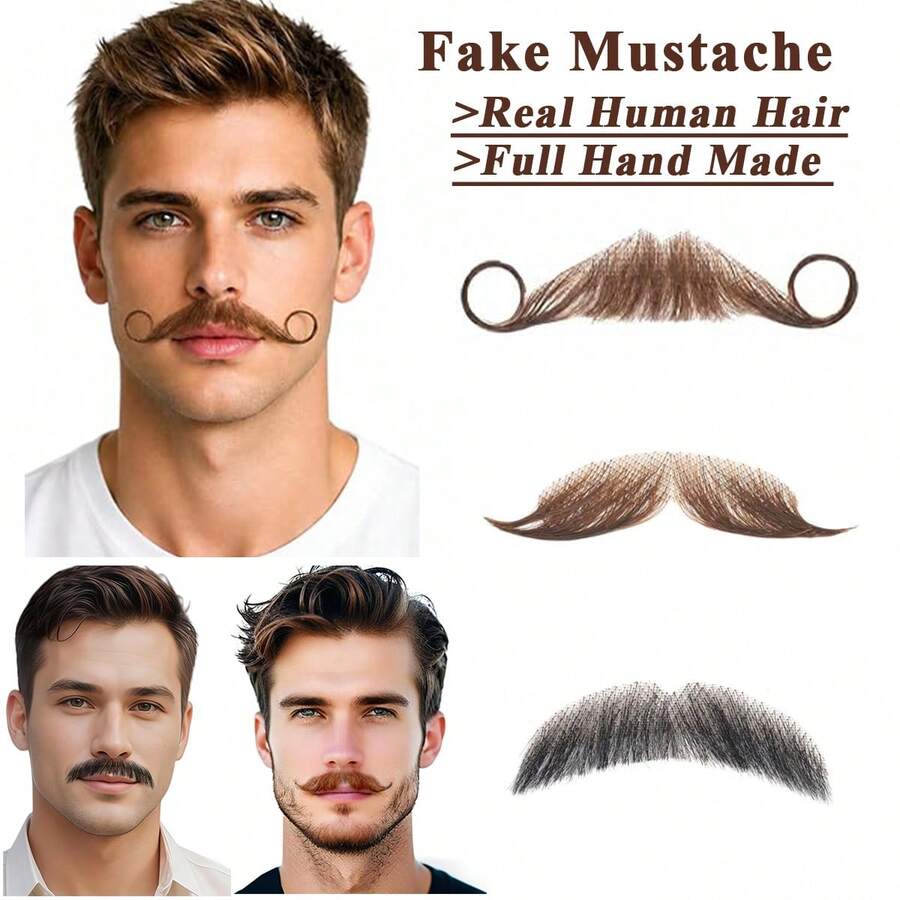 Hand‑Tied Human Hair Fake Mustache, Transparent Lace Base, Realistic Breathable Facial Hair For Cosplay Theater Party Halloween & Other Festivals - Multicolor - View 1