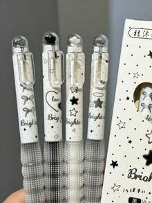 2/4pcs Star Dream Landscape Pens, Star-Shaped Bow Black Retractable Pens, Student Exam Quick-Dry Practice Pens, Black 0.5mm Neutral Ink Pens, Back To School Essential - Multiple Styles - View 5