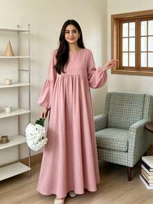 Conservative Abaya Long Dress With Ruffle Cuffs, Pleated Fabric Layered Waist Muslim Long Dress, Casual Islamic Clothing - Multicolor - View 5