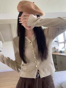 Autumn/Winter Korean Style Fitted Solid Color Single-Breasted Knit Cardigan Sweater Jacket For Women - Oatmeal - View 3
