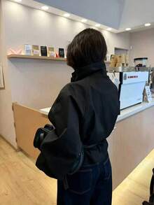Women's Black Woven Lapel Trench Coat, Loose Drop Shoulder, Double-Breasted Design, Regular Length For Autumn/Winter - Black - View 4
