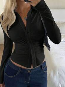 ATTRACO Slim Fit Collared Button Long Sleeve Shirt Blouse, Women's Y2K Black Button Shirt, Autumn Outing Top, Halloween, Concert And Back To School Season Outfit - Black - View 5