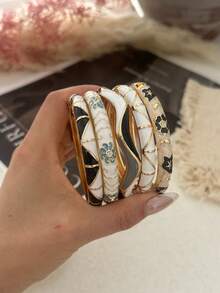 Vintage Black & Gold Enamel Bracelet Set, French Palace Style Drip Oil Open Cuff, Layered Stackable Atmospheric Jewelry - Multicolor - View 8