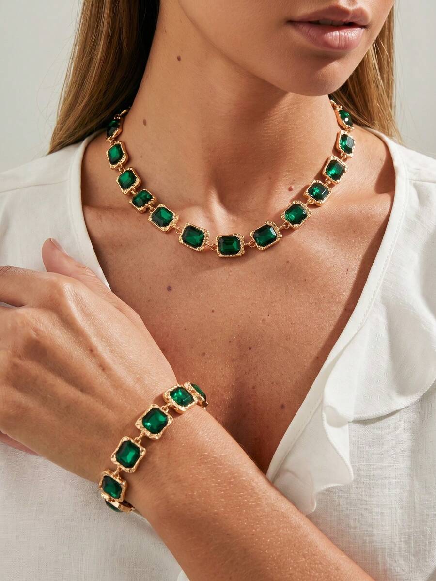 1 Set 2pcs Vintage Exquisite Heavy-Duty Green Square Decor Patchwork Suitable For Women's Daily Wear, Party, Evening Banquet, Holiday Gift - Green - View 1
