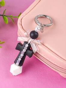 Cute Macaron Cross Beaded Keychain, Transparent Bow Pearl Bag Charm, Y2K Dopamine Color Backpack Pendant Accessory For Women - 2893 - View 9