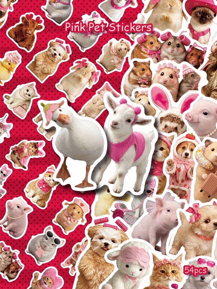 54pcs Pink Pet Stickers, PVC Decorative Stickers, Suitable For Laptop, Luggage, Skateboard, Tablet, Refrigerator, Phone Case, Guitar, Gift Box Packaging - A - View 1